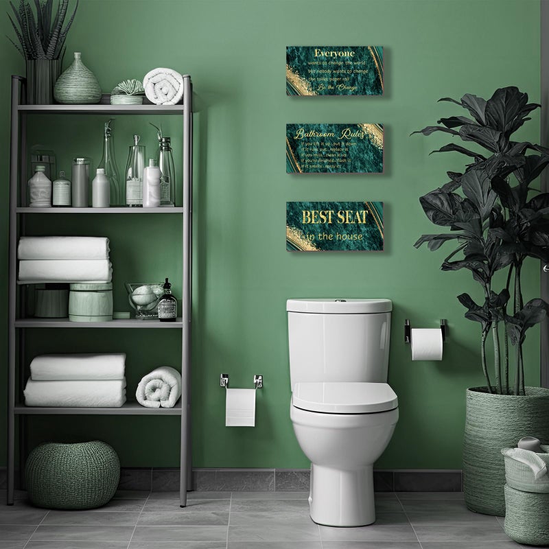 DONFENTHY 3 Pieces Green Gold Bathroom Decor Bathroom Rules Wall Art Green Gold Rules Signs Best Seat in The House Farmhouse Wooden Sign for Toilet Wall Decor (10x5") - Image 2