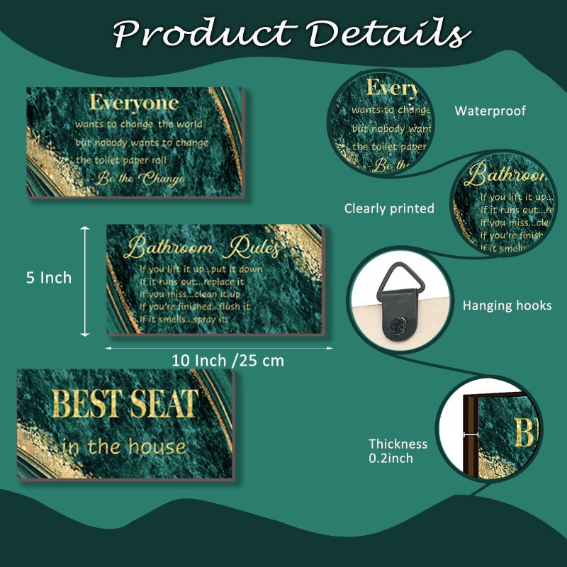 DONFENTHY 3 Pieces Green Gold Bathroom Decor Bathroom Rules Wall Art Green Gold Rules Signs Best Seat in The House Farmhouse Wooden Sign for Toilet Wall Decor (10x5") - Image 4