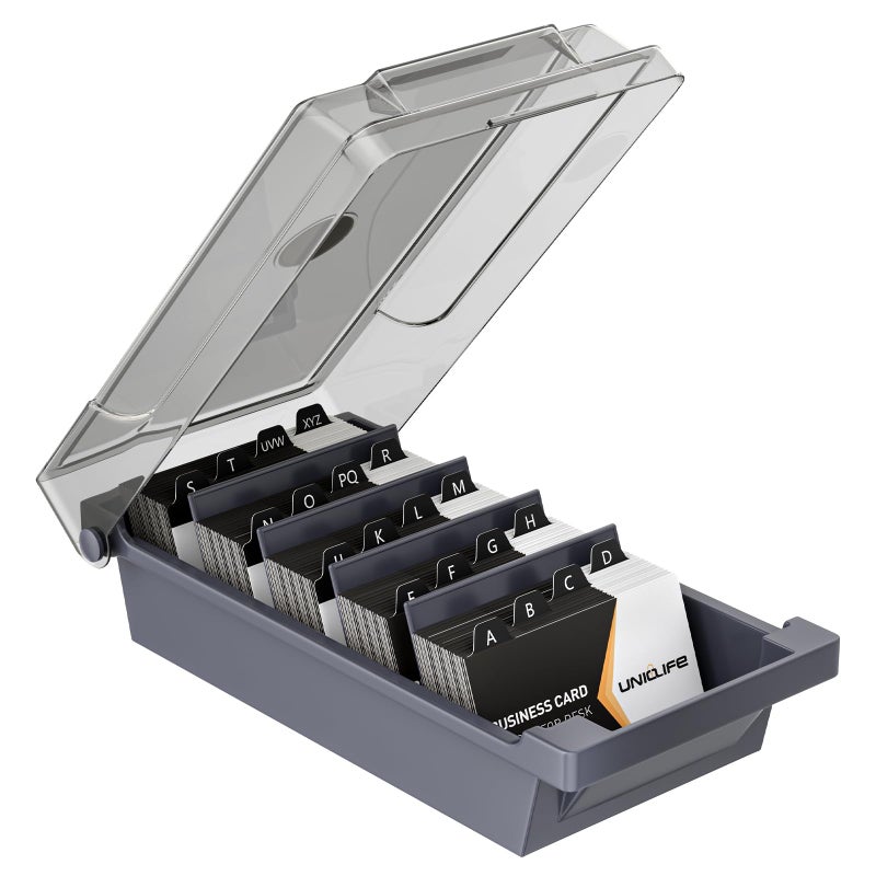 Uniclife Business Card Holder for Desk Large Plastic Business Card Organizer Business Card Box with Lid Dividers AZ Index Tabs Desktop Index Card Holder Name Card Storage Box 500 Card Capacity - Image 2