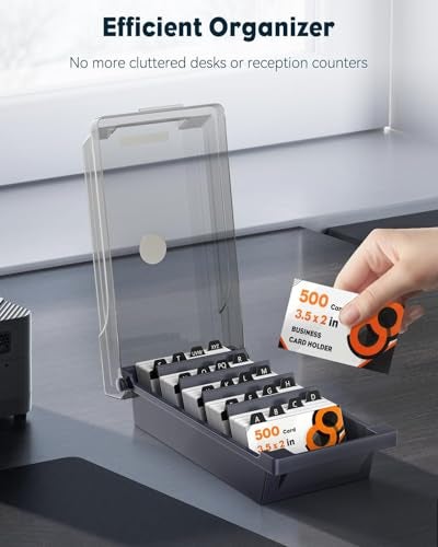 Uniclife Business Card Holder for Desk Large Plastic Business Card Organizer Business Card Box with Lid Dividers AZ Index Tabs Desktop Index Card Holder Name Card Storage Box 500 Card Capacity - Image 3