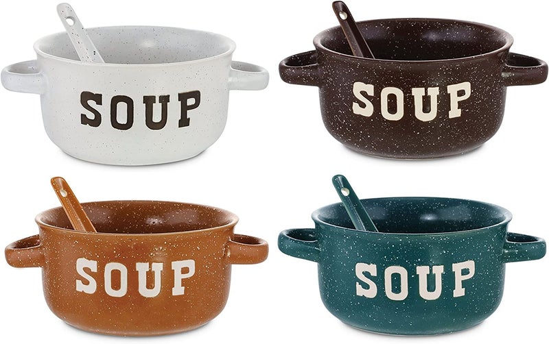 ZENVY Soup Bowl Set of 4  Ceramic Soup Bowls and Spoons  22 Ounce Speckled