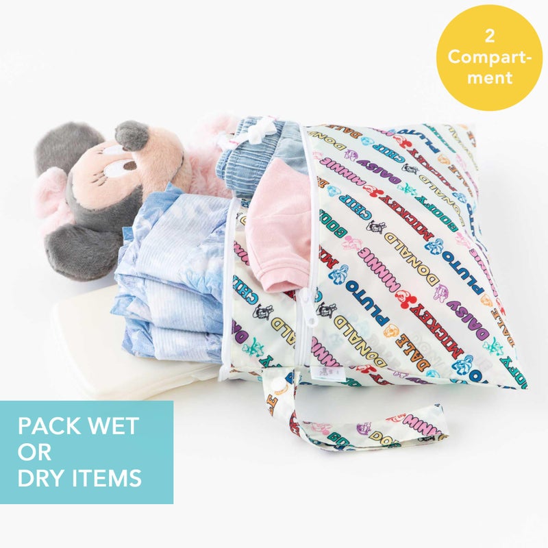 Bumkins - Waterproof Wet Bag & Wet/Dry Clutch Bags - For Beach, Baby, Travel, Swim Suit, Cloth Diapers, Pump Parts, Pool, Gym, Toiletries - Reusable & Easy to Clean - Mickey and Friends White - 2 Pack - Image 3