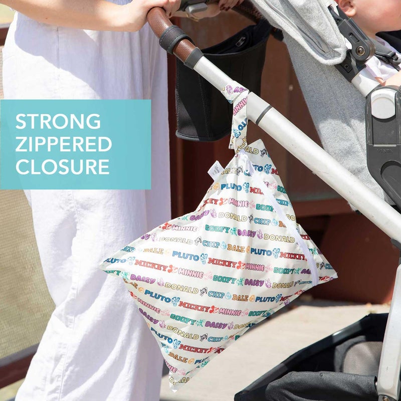 Bumkins - Waterproof Wet Bag & Wet/Dry Clutch Bags - For Beach, Baby, Travel, Swim Suit, Cloth Diapers, Pump Parts, Pool, Gym, Toiletries - Reusable & Easy to Clean - Mickey and Friends White - 2 Pack - Image 5