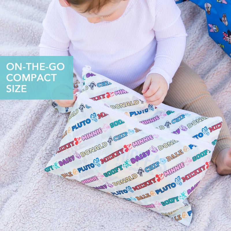 Bumkins - Waterproof Wet Bag & Wet/Dry Clutch Bags - For Beach, Baby, Travel, Swim Suit, Cloth Diapers, Pump Parts, Pool, Gym, Toiletries - Reusable & Easy to Clean - Mickey and Friends White - 2 Pack - Image 4