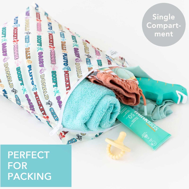 Bumkins - Waterproof Wet Bag & Wet/Dry Clutch Bags - For Beach, Baby, Travel, Swim Suit, Cloth Diapers, Pump Parts, Pool, Gym, Toiletries - Reusable & Easy to Clean - Mickey and Friends White - 2 Pack - Image 2