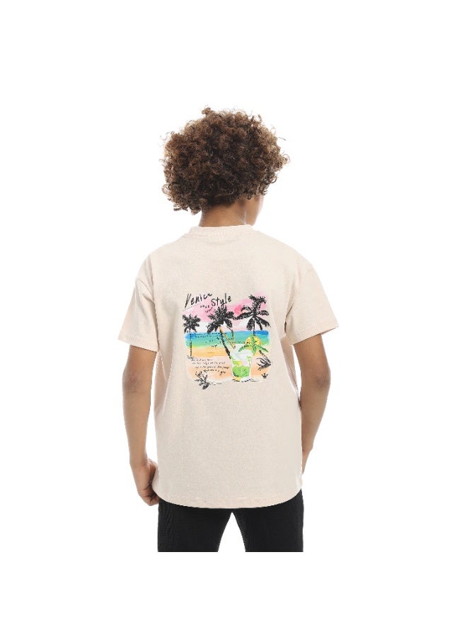 Andora Over Sized Half Sleeves Printed Front & Back T-Shirt-Beige - Image 2