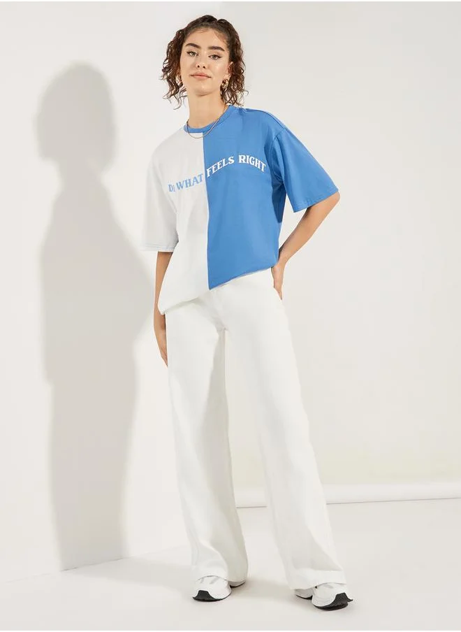 ستايلي Oversized Color Block Slogan Print T-Shirt