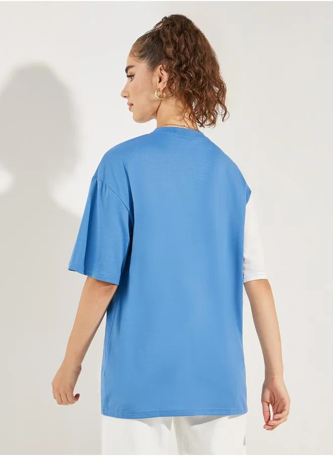 ستايلي Oversized Color Block Slogan Print T-Shirt