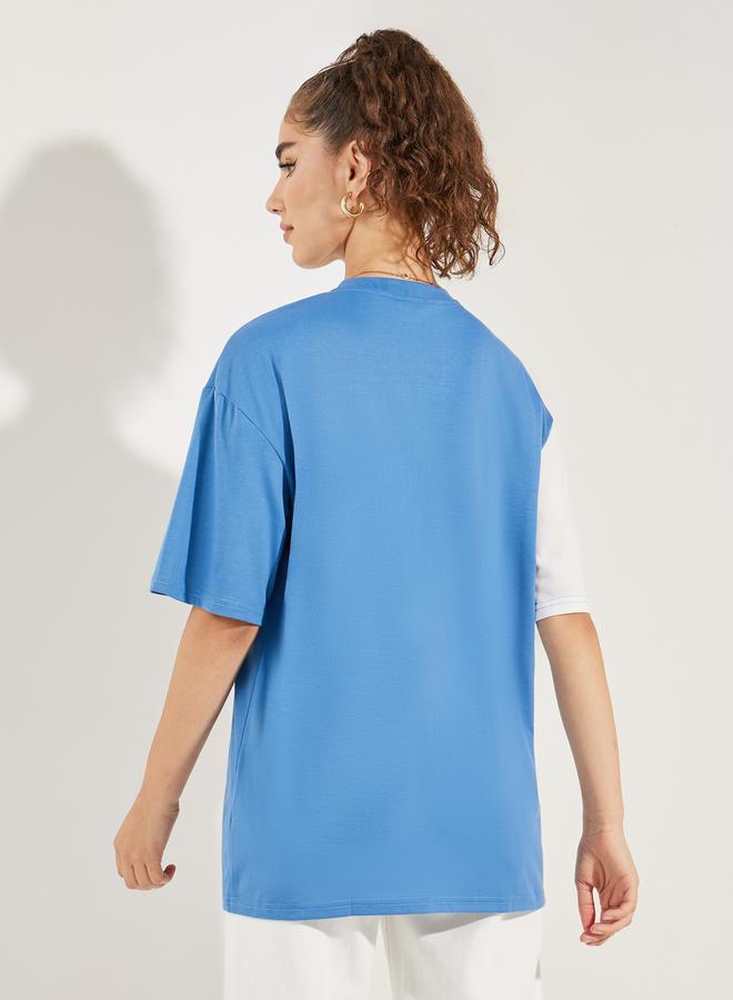 Styli Oversized Color Block Slogan Print T-Shirt  - Image 5