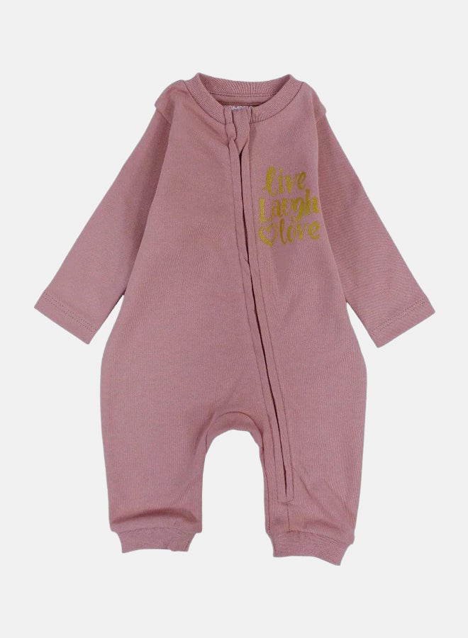 Pompelo Baby Girls Cotton Footless Onesie – Dusty Pink with "Live, Laugh, Love" Design - Image 1