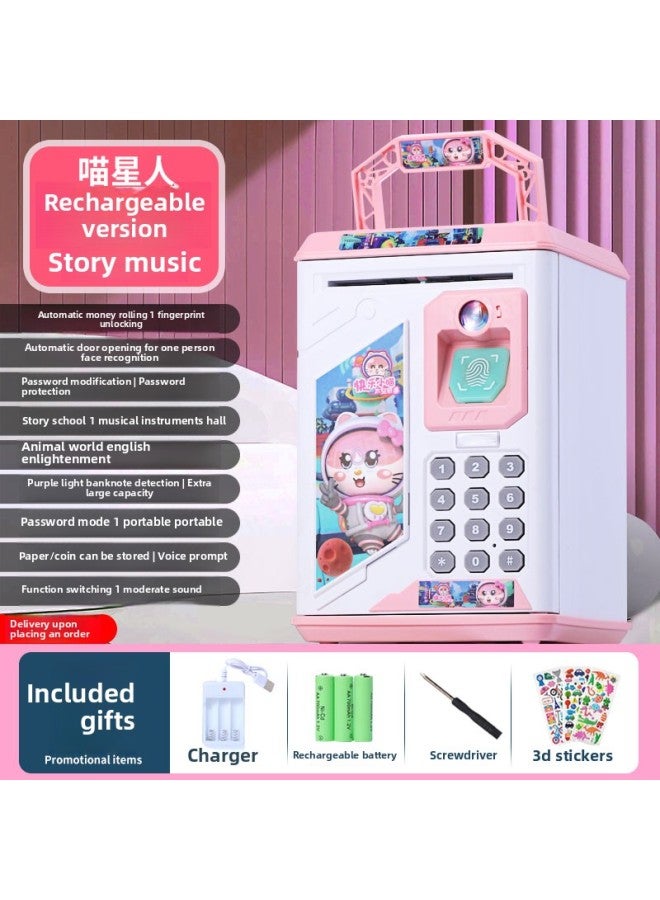 Children's Savings Piggy Bank 2024 Boys And Girls Password Box Large Capacity Can Be Stored For Boys Astronauts-Color:906 Pink Planet Cat—18 Major Function Face Recognition Automatic Door Opening—rechargeable Model - Image 1