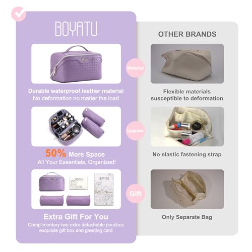 BOYATU Travel Makeup Bag Cosmetic Bags for Women: Large Capacity 3 Pcs Set Make up Bag with Compartments - Waterproof Vegan Leather Toiletry Organizer Bags with Handle - Travel Essentials(L01 Purple) - Image 3