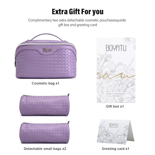 BOYATU Travel Makeup Bag Cosmetic Bags for Women: Large Capacity 3 Pcs Set Make up Bag with Compartments - Waterproof Vegan Leather Toiletry Organizer Bags with Handle - Travel Essentials(L01 Purple) - Image 5