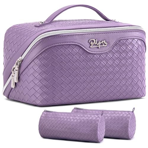BOYATU Travel Makeup Bag Cosmetic Bags for Women: Large Capacity 3 Pcs Set Make up Bag with Compartments - Waterproof Vegan Leather Toiletry Organizer Bags with Handle - Travel Essentials(L01 Purple) - Image 1