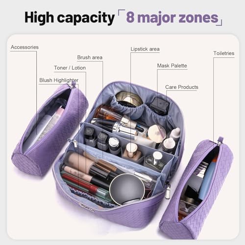 BOYATU Travel Makeup Bag Cosmetic Bags for Women: Large Capacity 3 Pcs Set Make up Bag with Compartments - Waterproof Vegan Leather Toiletry Organizer Bags with Handle - Travel Essentials(L01 Purple) - Image 4