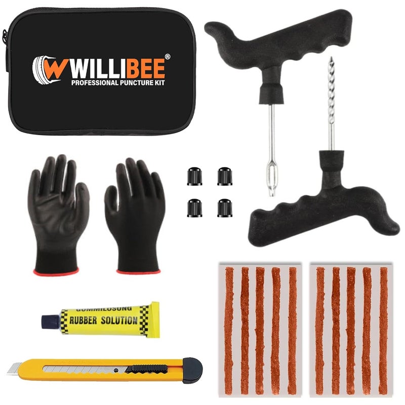WILLIBEE 7-in-1 Tubeless Tyre Puncture Repair Kit for Car, Bike, Scooter & SUV (with Storage Bag) | Universal Emergency Tyre Fix Tool Set, Flat Tire Puncher Repair Kit. - Image 1