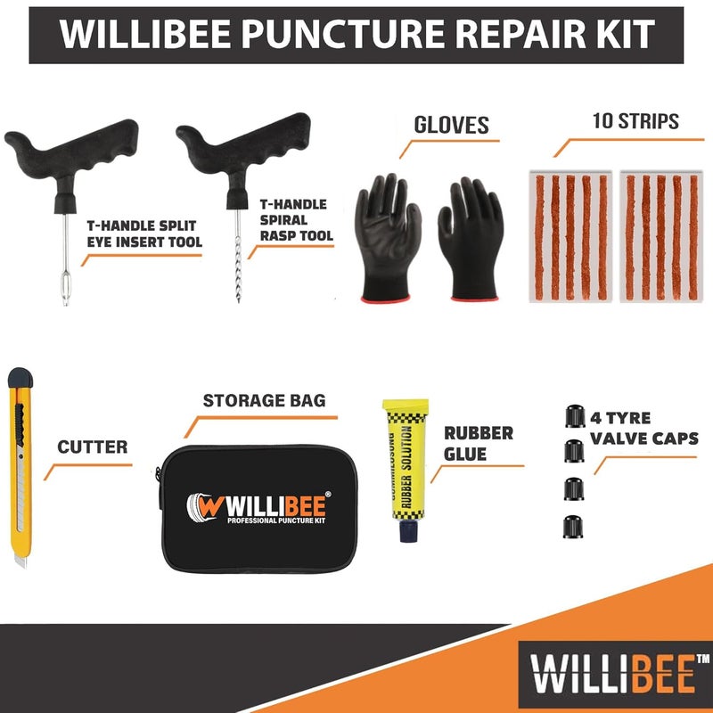 WILLIBEE 7-in-1 Tubeless Tyre Puncture Repair Kit for Car, Bike, Scooter & SUV (with Storage Bag) | Universal Emergency Tyre Fix Tool Set, Flat Tire Puncher Repair Kit. - Image 2