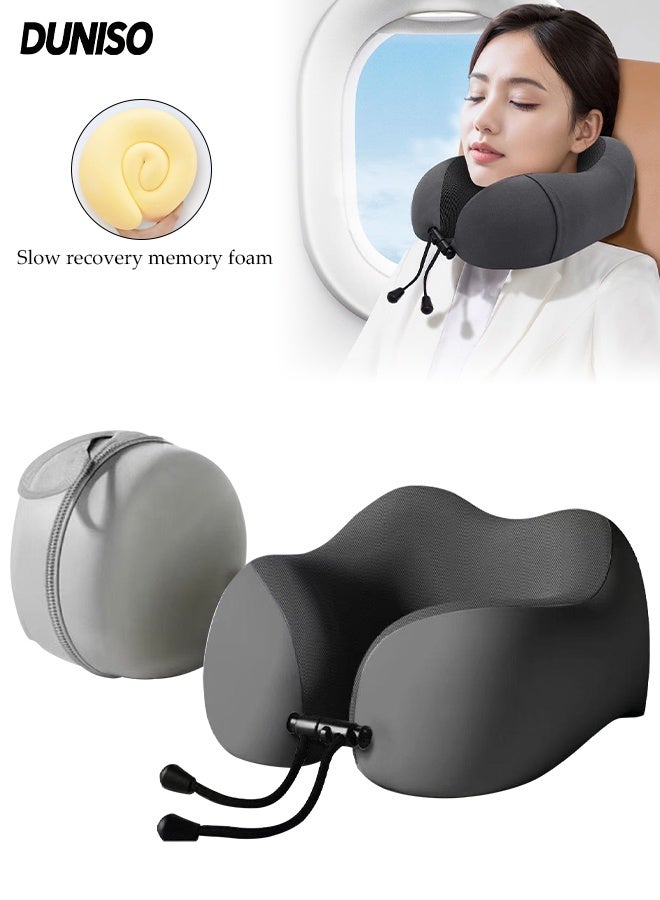 DUNISO Travel Pillow for Airplane Memory Foam Neck Pillow Neck with Storage Carry Bag， Support to Relieve Neck Tension Lightweight Compact Breathable Flight Pillow Comfortable U-shaped Pillow for Airplane Car Office Home Travel Camping - Image 1
