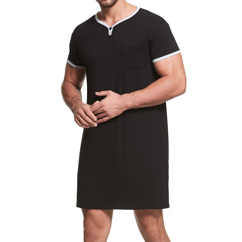 Lus Chic Mens Short Sleeve Nightshirt Henley Pajama Top V Neck Nightgown Pocket Sleep Gown Sleepwear Loose Loungewear Sleeping Lounge Long Knee Shirt Casual Nightwear Plain Black Large