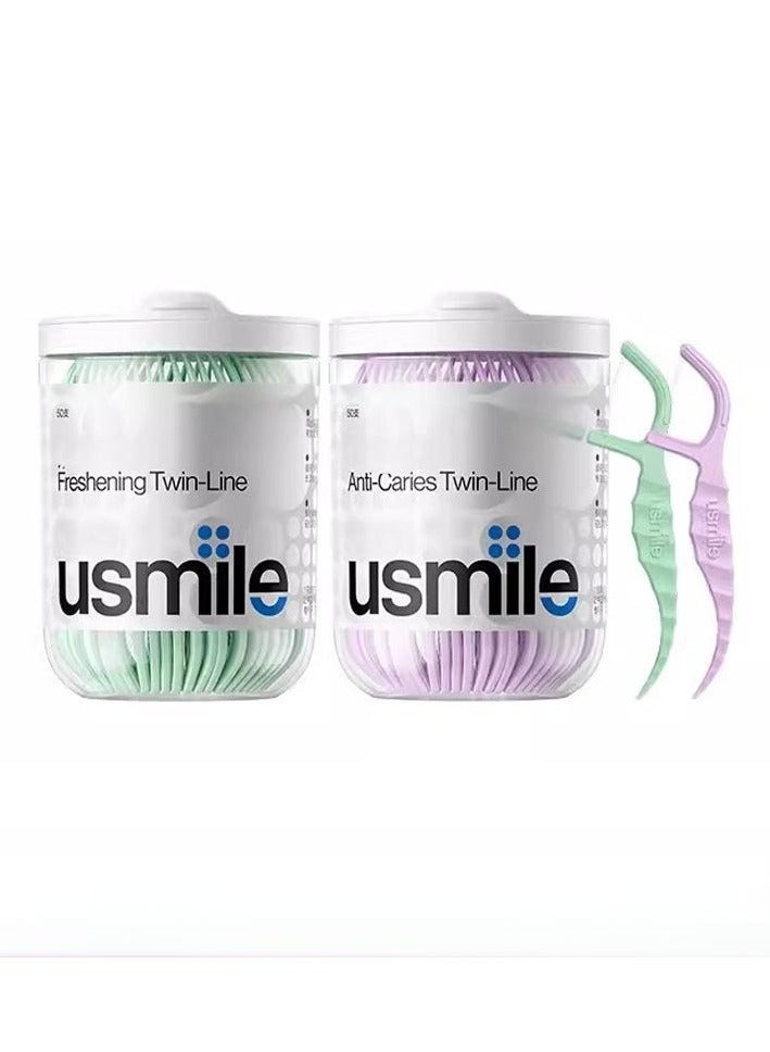 يو سمايل خيط تنظيف الأسنان المزدوج من usmile ضد تسوس الأسنان، عصا تنظيف الأسنان، العناية بالفم بين الأسنان (100 قطعة) - Image 1