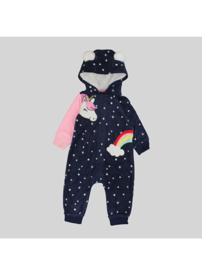 Unicorn & Rainbow Dotted Long-Sleeved Hooded Footless Onesie - Image 1