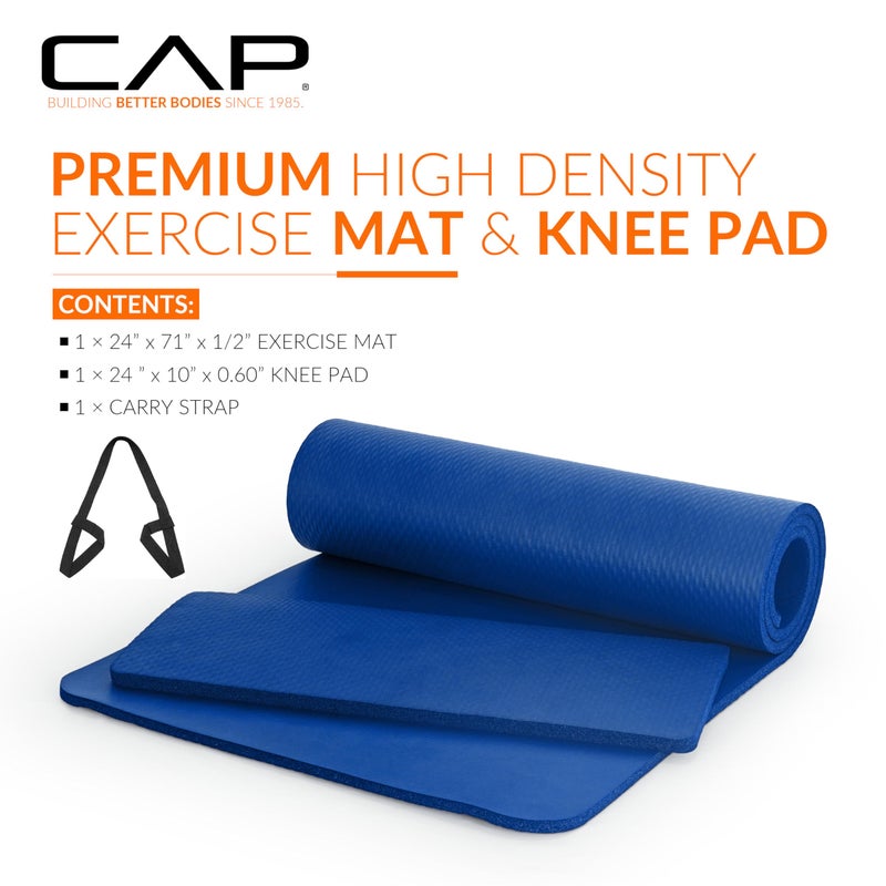 CAP Barbell Yoga Mat 1/2" Thick with Carrying Strap & Knee Pad - High Density Exercise Mat for Yoga, Pilates, Stretching, Floor & Fitness Workouts - 71''x24''x1/2" | Blue - Image 2