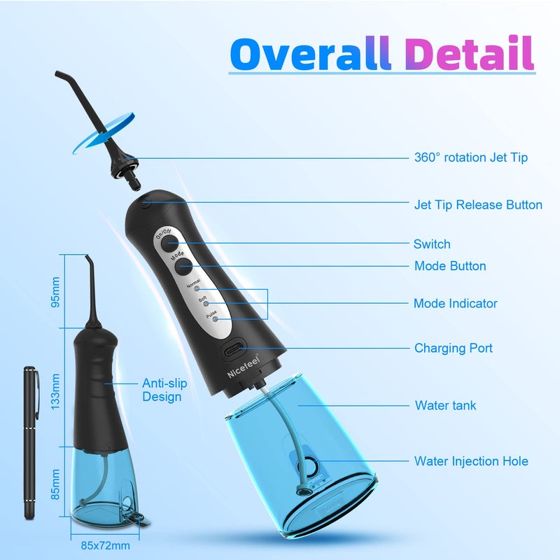 Nicefeel Cordless Water Flosser Teeth Cleaner, Nicefeel 300ML 2 Tip Cases Portable and USB Rechargeable Oral Irrigator for Travel, IPX7 Waterproof, 3-Mode Water Flossing with 4 Jet Tips for Home - Image 3