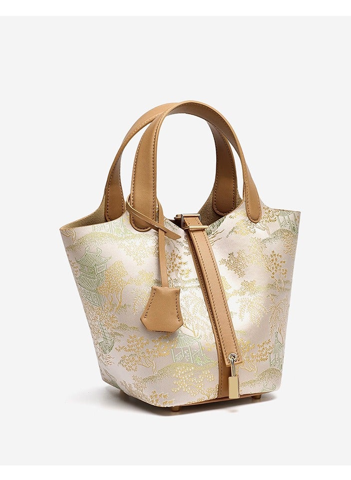 Women Oriental Embroidered Vegetable Basket Bucket Bag Large Capacity Handbag Detachable Crossbody Strap for Daily Use - Image 1