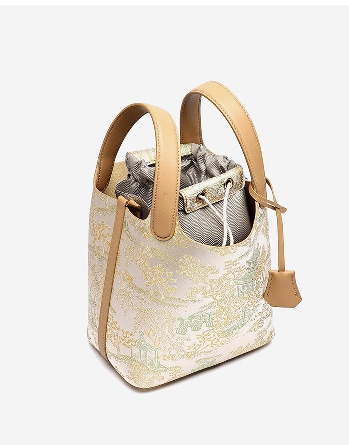 Women Oriental Embroidered Vegetable Basket Bucket Bag Large Capacity Handbag Detachable Crossbody Strap for Daily Use - Image 5