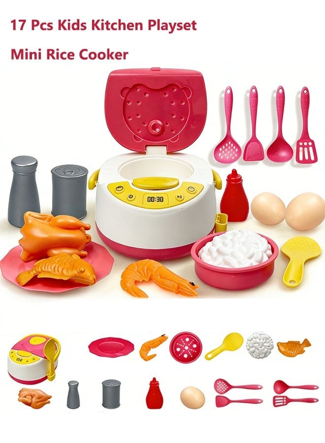 Kitchen Toy Set,17pcs Kids Kitchen Play Toy Set,Kitchen Playset, Mini Electronic Rice Cooker Toys, Cooking Toys with Music Steam Effect, Cookware Kits Kitchen Playset Food Accessories for Toddlers Boys Girls, Pink - Image 1