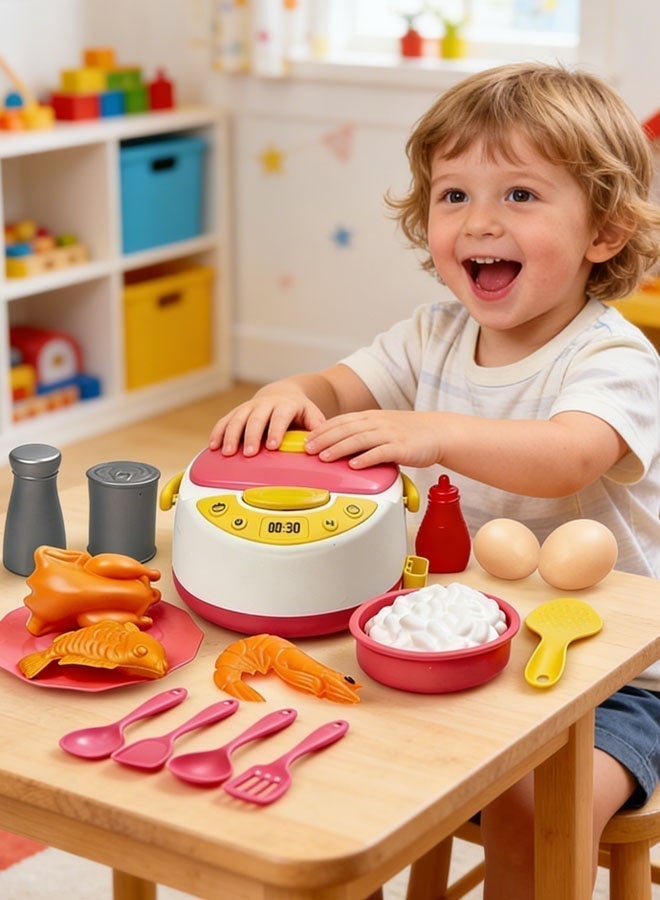 Kitchen Toy Set,17pcs Kids Kitchen Play Toy Set,Kitchen Playset, Mini Electronic Rice Cooker Toys, Cooking Toys with Music Steam Effect, Cookware Kits Kitchen Playset Food Accessories for Toddlers Boys Girls, Pink - Image 3