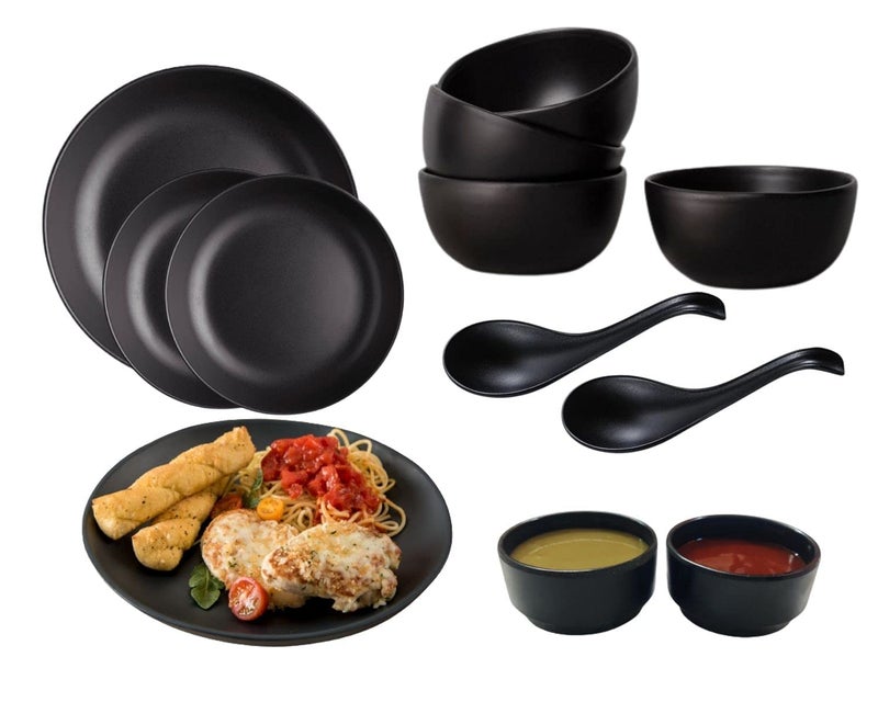 Treandcard Melamine Matt Black Dinner Set for Kitchen Unbreakable Dinnerware Sets for Dining Table Serving Bowls and Tray for Holi Matt Black for 2 Person Pack of 12 pcs - Image 1