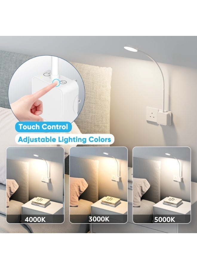 PRINCEWAY Plug In LED Wall Mounted Reading Light, Flexible Dimmable White Wall Sconce Light with Power Plug for Books in Bed, Two Touch Switches, 3 Lighting Color Modes, 110° Wide Lighting Angle - Image 4