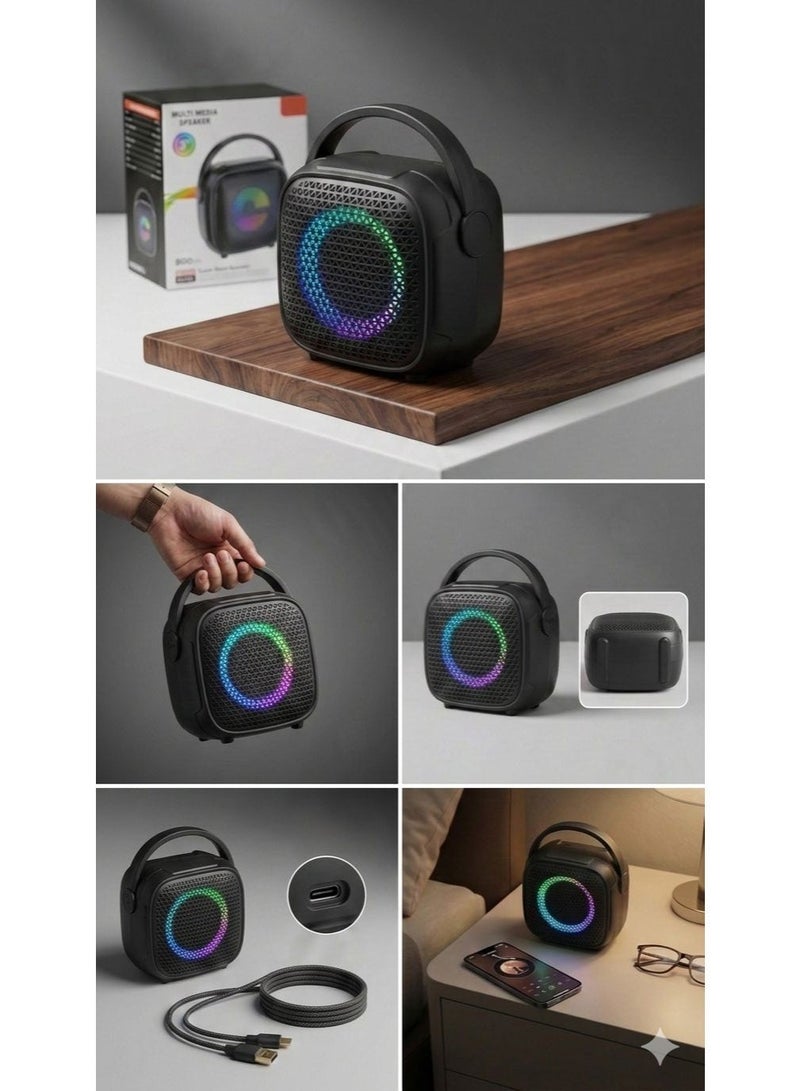 singe Portable mini sound speaker, High-volume loudspeaker, Travel-friendly compact bag-sized speaker, 8W Portable Bluetooth speaker with colorful RGB lights, Wireless Super Bass speaker with clear and powerful sound, Multimedia speaker with integrated carry handle, Portable handheld speaker, 3-inch high-performance loudspeaker, Supports USB flash drive and TF memory card and Microphone input, Built-in 800mAh rechargeable battery, Lightweight mini home party speaker, Stereo speaker for trips and events, Compatible with all smartphones and tablets, Glowing speaker with modern and stylish design, High-quality mobile speaker for audio and music, Portable speaker for outdoor trips and family outings, Luminous Bluetooth speaker supporting all media modes. - Image 1