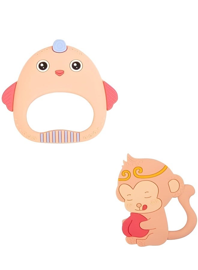 Rukan Teether 0 to 6 Months Baby Toys Multi Textured Soft Newborn Chew Toy for Soothe Gums, Perfect for 6 to 12 Months BPA Free, Easy to Clean - NO Choke Design Safe Monkey & Hen (Orange) 2-Pack - Image 1