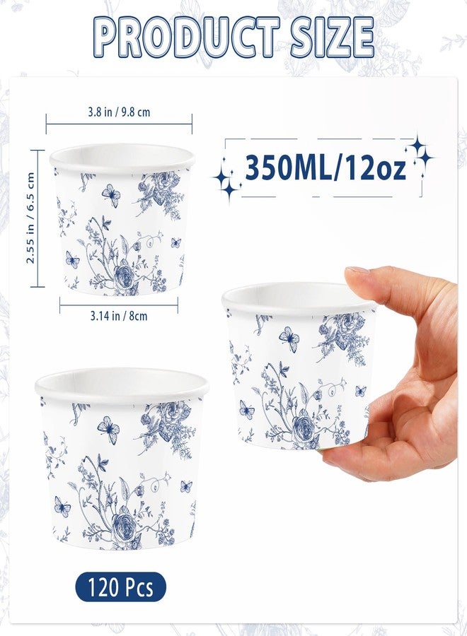 Greencian 120Pcs Blue Floral Ice Cream Cups 12 Oz Disposable Blue and White Floral Paper Dessert Snack Bowls Fancy Flower Food Yogurt Containers for Food Soup Candies Bridal Shower Wedding Tea Party Decorations - Image 2