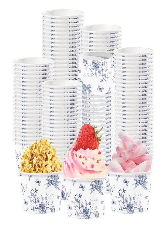 Greencian 120Pcs Blue Floral Ice Cream Cups 12 Oz Disposable Blue and White Floral Paper Dessert Snack Bowls Fancy Flower Food Yogurt Containers for Food Soup Candies Bridal Shower Wedding Tea Party Decorations - Image 1