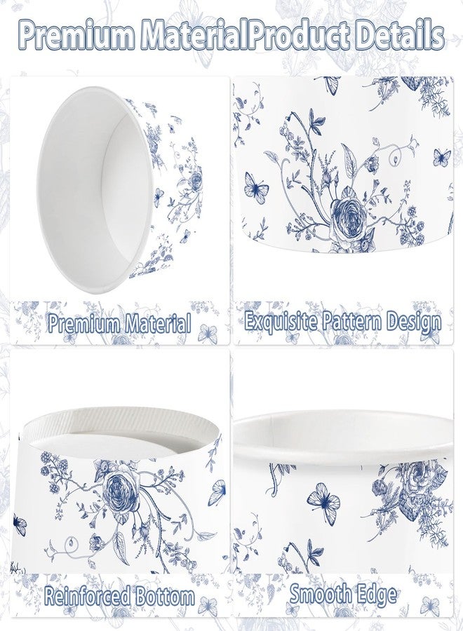 Greencian 120Pcs Blue Floral Ice Cream Cups 12 Oz Disposable Blue and White Floral Paper Dessert Snack Bowls Fancy Flower Food Yogurt Containers for Food Soup Candies Bridal Shower Wedding Tea Party Decorations - Image 3