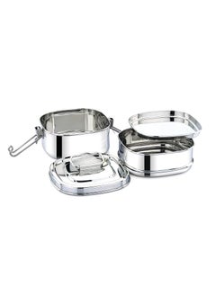 Expresso Expresso - Square Shape Stainless Steel Food Grade Lunch Box | Traditional Tiffin Carrier/Container for School/Office, Dia 13cm | 2 Tier  - Image 1