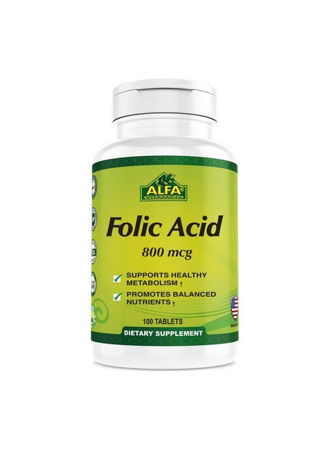 Folic Acid 800 Mcg Dietary Supplement Natural Folate Helps Supports Cardiovascular Health Metabolism Brain  Proper Development Of Fetus During Pregnancy 100 Tablets