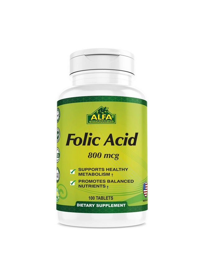 alfa vitamins Folic Acid 800 Mcg Dietary Supplement Natural Folate Helps Supports Cardiovascular Health Metabolism Brain  Proper Development Of Fetus During Pregnancy 100 Tablets  - Image 1