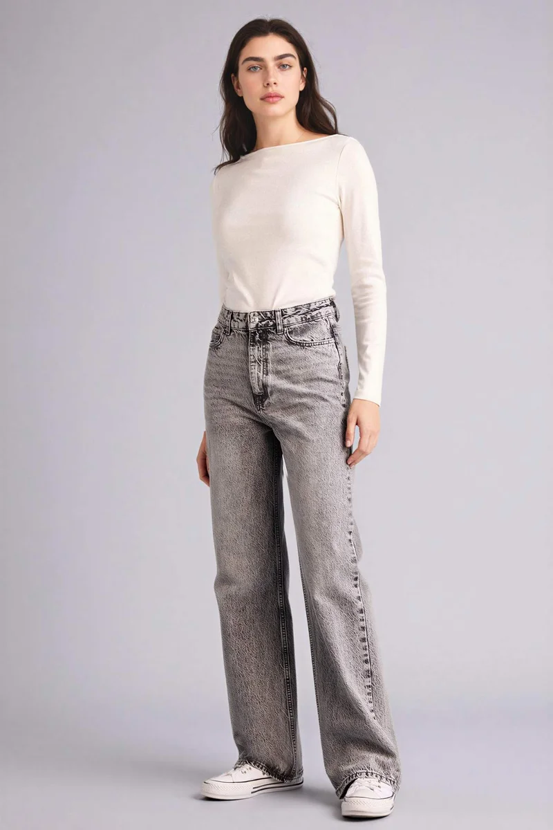 ديفاكتو 100% Cotton Straight Fit High Waist Jeans