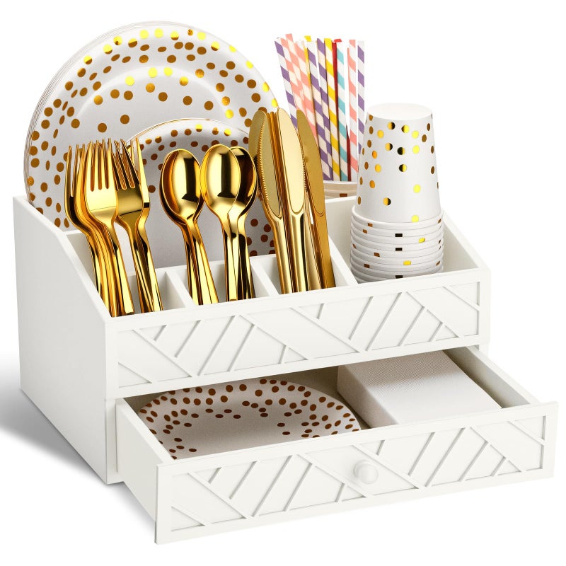 Marsui Paper Plate Dispenser, Paper Plate Holder for Countertop with Drawer Wood Silverware Utensil Caddy, Cutlery Flatware Organizer for Spoon Fork Napkins Kitchen Camping Buffet(White) - Image 1