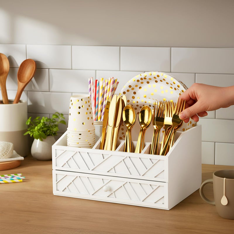 Marsui Paper Plate Dispenser, Paper Plate Holder for Countertop with Drawer Wood Silverware Utensil Caddy, Cutlery Flatware Organizer for Spoon Fork Napkins Kitchen Camping Buffet(White) - Image 5
