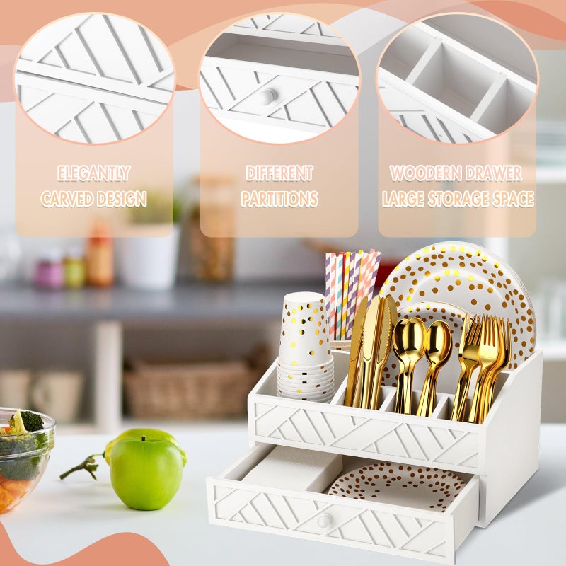 Marsui Paper Plate Dispenser, Paper Plate Holder for Countertop with Drawer Wood Silverware Utensil Caddy, Cutlery Flatware Organizer for Spoon Fork Napkins Kitchen Camping Buffet(White) - Image 3