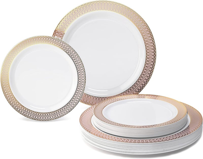 OCCASIONS FINEST PLASTIC TABLEWARE " OCCASIONS " 50 Plates Pack (25 Guests)-Wedding Party Disposable Plastic Plate Set -25 x 10'' Dinner + 25 x 7.5'' Salad/Dessert plates (Venice in White/Blush/Peach & Gold) - Image 1