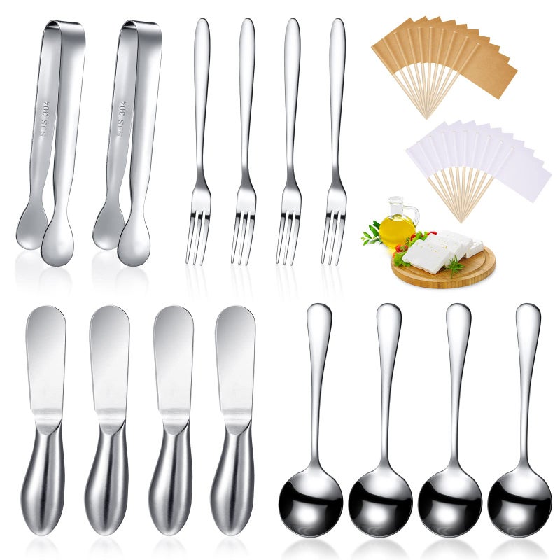 14 Pieces Charcuterie Board Accessories Cheese Spreader Knives Set Stainless Steel Charcuterie Utensils Spreader Knives Mini Serving Tongs Spoons and Forks for Cheese and Pastry MakingSilver