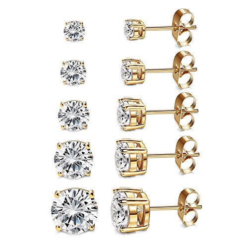 Kainier Women's 5 Pairs CZ Stud Earrings Simulated Diamond Round Warm Gold Plated Cubic Zirconia Hypoallergenic Ear Stud Set（5 Pairs) - Image 1