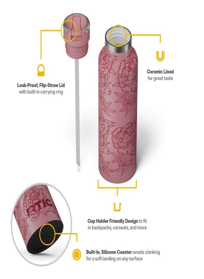 RTIC 20oz Journey Water Bottle Ceramic Lined Metal Stainless Steel Vacuum Insulated, BPA Free, Reusable, for Water, Hot and Cold Drinks, Travel, Sports, Camping, Pink Peonies - Image 3