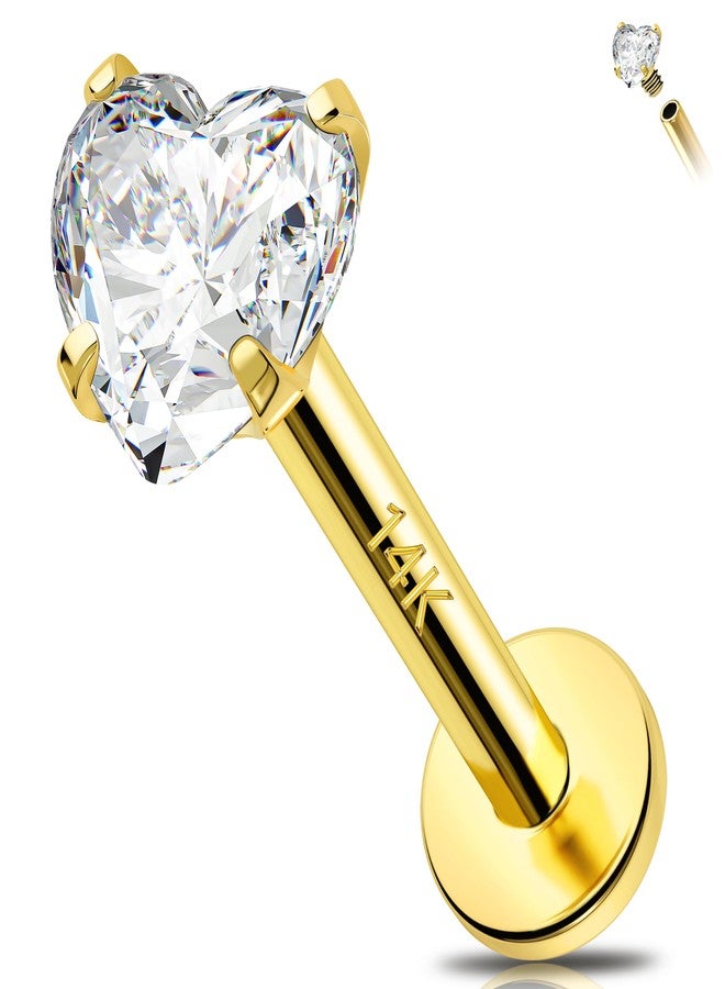 Melighting 14K Solid Gold Cartilage Earring - 16G Gold Heart Flat Back Earring - Star Helix Piercing Jewelry - Internally Threaded Curved CZ - 8mm - Image 1